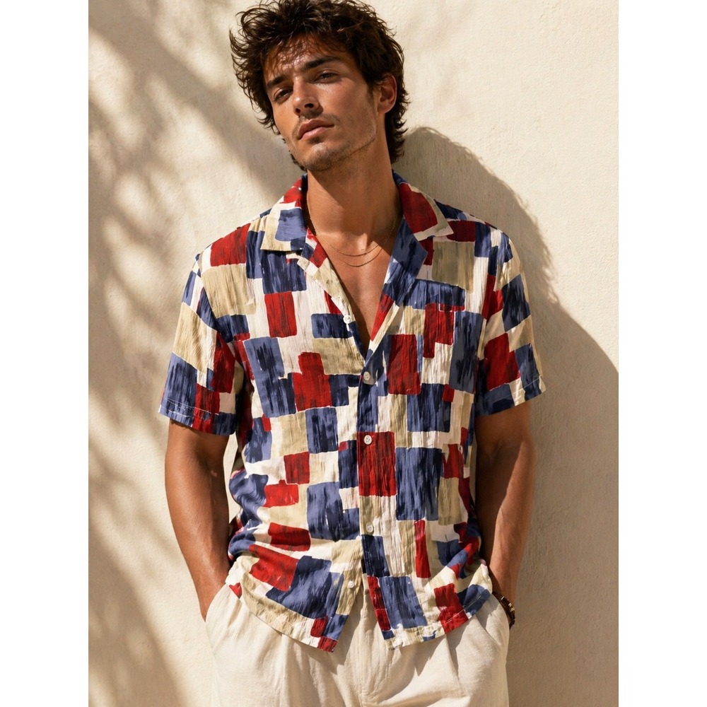 BonWorth Mens Geometric Block Print Camp Collar Short Sleeve Button Up Shirt M